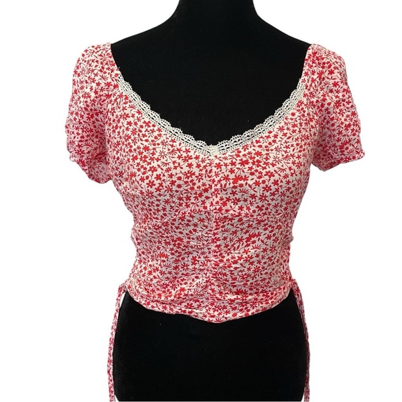 Vintage Tops - hollister red and white floral lace ruffle cinched top baby doll coquette boho